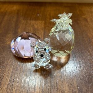 Swarovski small Teddy Bear, glass pineapple and glass pink diamond.